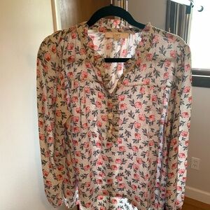 LOFT Pink Long Sleeve Blouse with Mandarin Collar